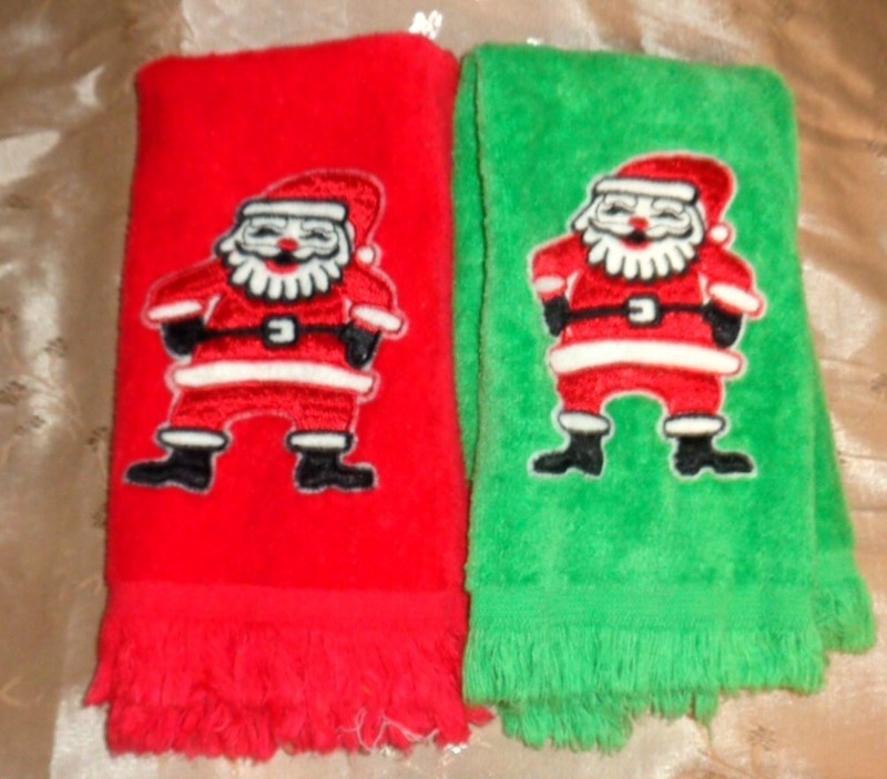 Vintage Christmas Embroidered Finger Towels Set of 2 Santas