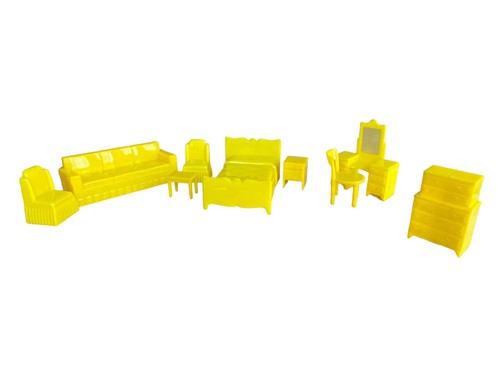 Marx BEDROOM SET Vintage Tin Dollhouse Furniture plastic yellow vanity sofa - Picture 2 of 24