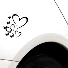 ADESIVO AUTO MOTO PC CUORI E FARFALLE NERO IN PVC VINILE 15 X 14 CM STICKERS 