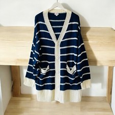 Lularoe Striped Lucille Cardigan Women  s Size L Button Blue Ivory