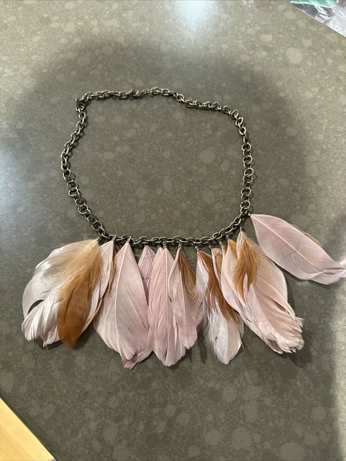 Tan Feather Necklace 18” Gold Tone Chain Vintage … - image 2