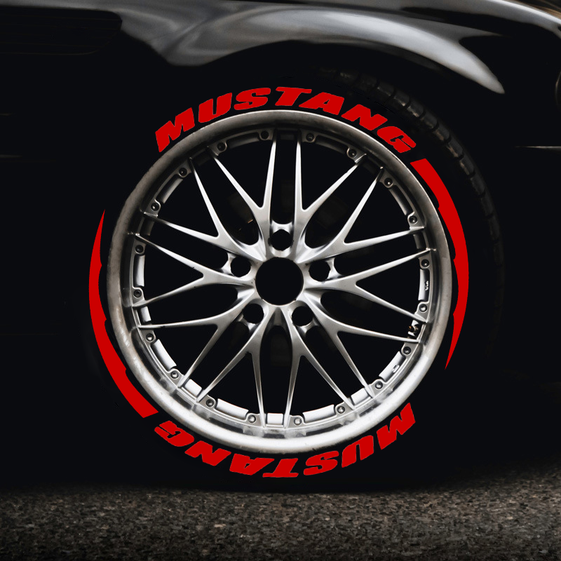 Mustang GT Tire Lettering Stickers – 1.06 Inch, Red Stripes, Fits 14-22 Inch Wheels (8 Sets)