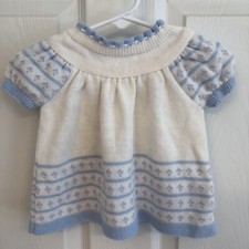 VTG Acryl White Infant Girl Sweater Dress Flowers Stripes 6-12 Months