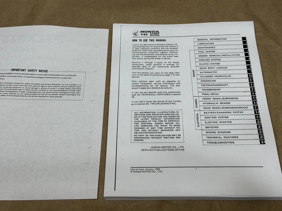 Manual de taller de reparación de 3 orificios Honda V45 Sabre Magna 750 1982 VF750S VF750C Foto 2 de 3