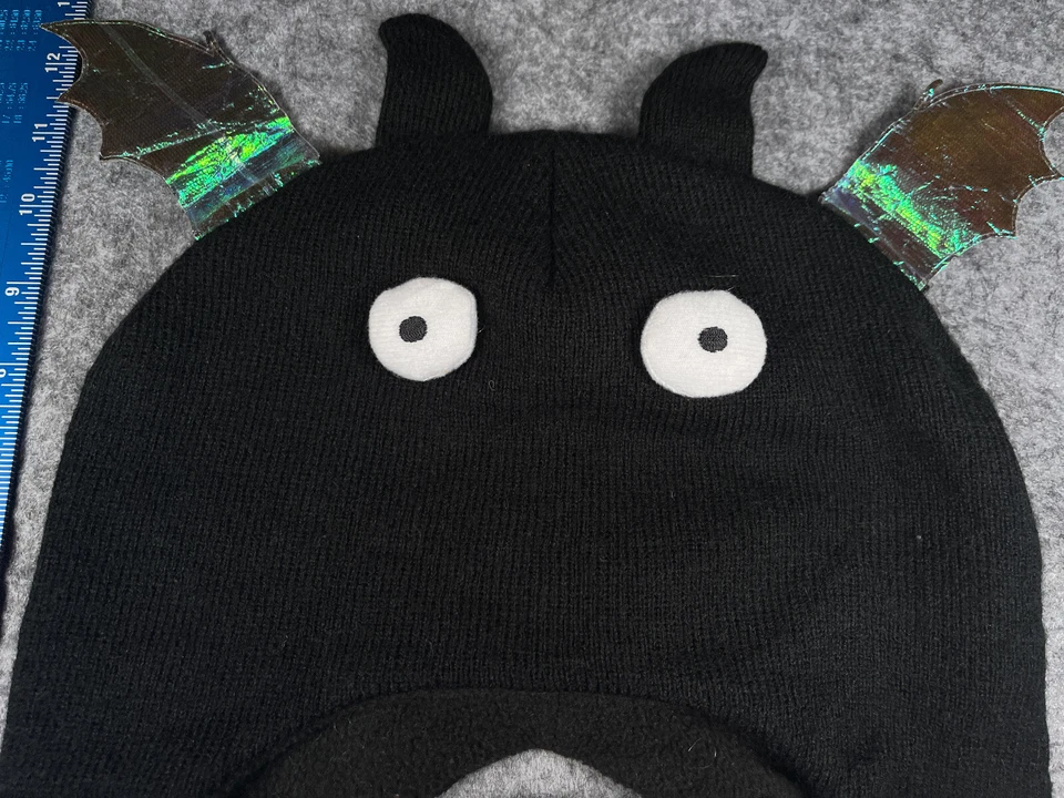 Bat Claire's Beanie Toque Youth Black Knit Acrylic Poly Metallic Wings Ear Flaps - Image 3 of 4