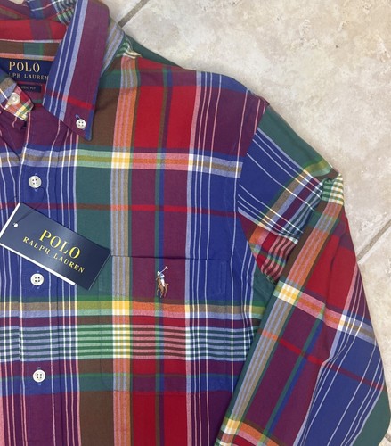 Polo Ralph Lauren uomo S camicia Oxford con bottoni multi quadri con frangia $125 nuova con etichette - Foto 4 di 11