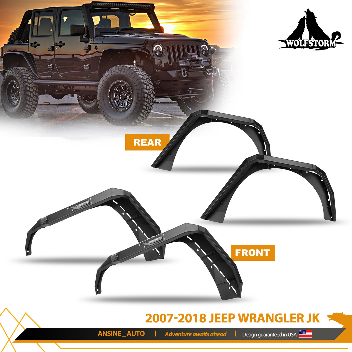 2/4PCS Front & Rear Fender Flares for 2007-2018 Jeep Wrangler JK