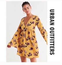 Women Urban Outfitters Yellow Floral Bell Sleeved V-Neck Dress size M