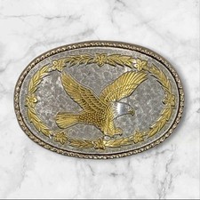Eagle Belt Buckle Oval Floral Scroll Silver Gold Tone Textured Roped Edges
