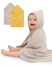 Wimist Hooded Baby Towels 2 Pack, Muslin Lightweight, Beige Mustard Yellow