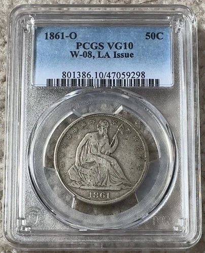 1861-O ~ LA Issue, W-08 ~ Seated Liberty 50c ~ PCGS VG10 ~ ORIGINAL ~ RARE ~ NEW