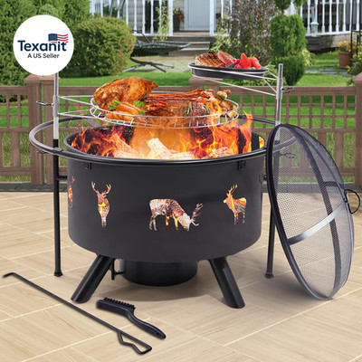 32 Inch Large Fire Pit with 2 Grills, Outdoor Wood Burning Fire Pit with Cooking