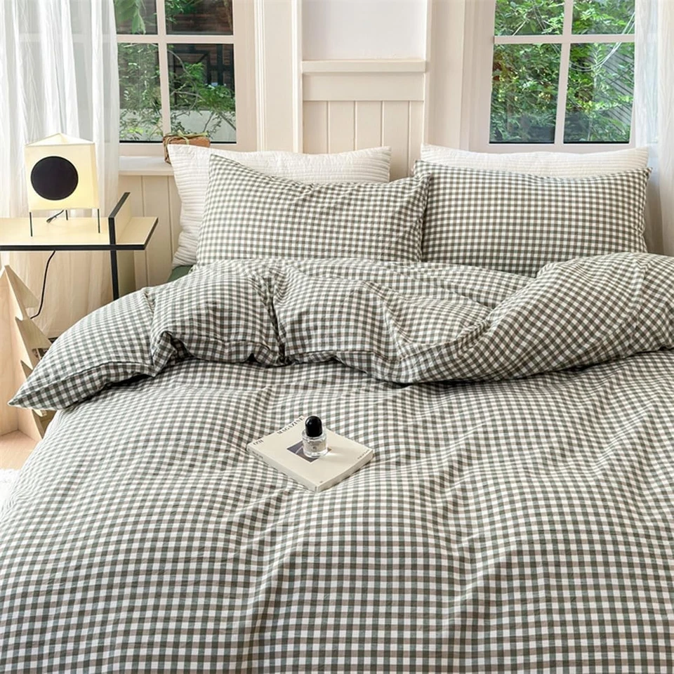 Green Gingham Duvet Cover Queen 100% Washed Cotton Plaid Checkered Vintage - Image 4 of 4