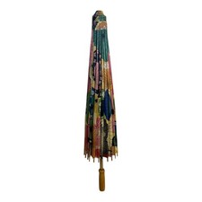 Vtg Japanese Paper Parasol Bamboo Frame Wagasa Sun Umbrella Multi Color Print