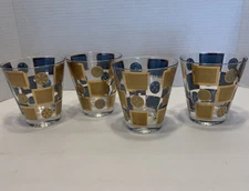 4 CULVER Carnival Turquoise Gold Double Old Fashion Suburbans Rocks Glasses MCM