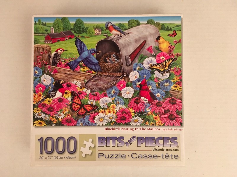 BITS AND PIECES PUZZLE “BLUEBIRDS NESTING IN THE MAILBOX” 1000 PIECES COMPLETE