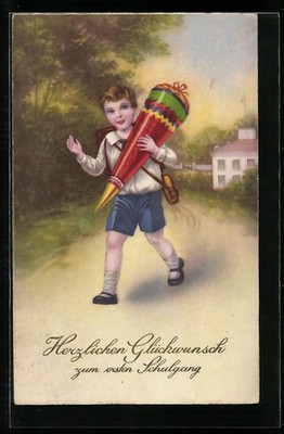 Postcard first graders with sugar bag on their way home 