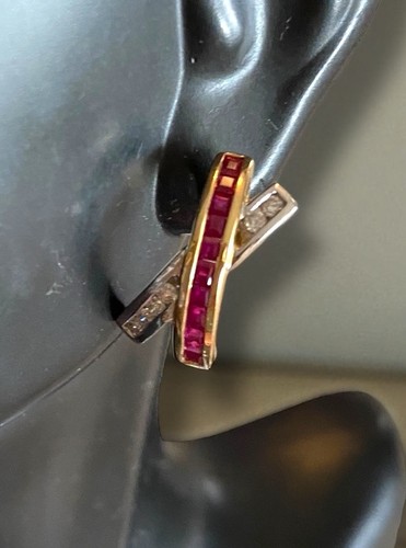 BEAUTIFUL Estate 14k Two Tone Gold Ruby and Diamond “X” Design Pierced Earrings! - Picture 2 of 20