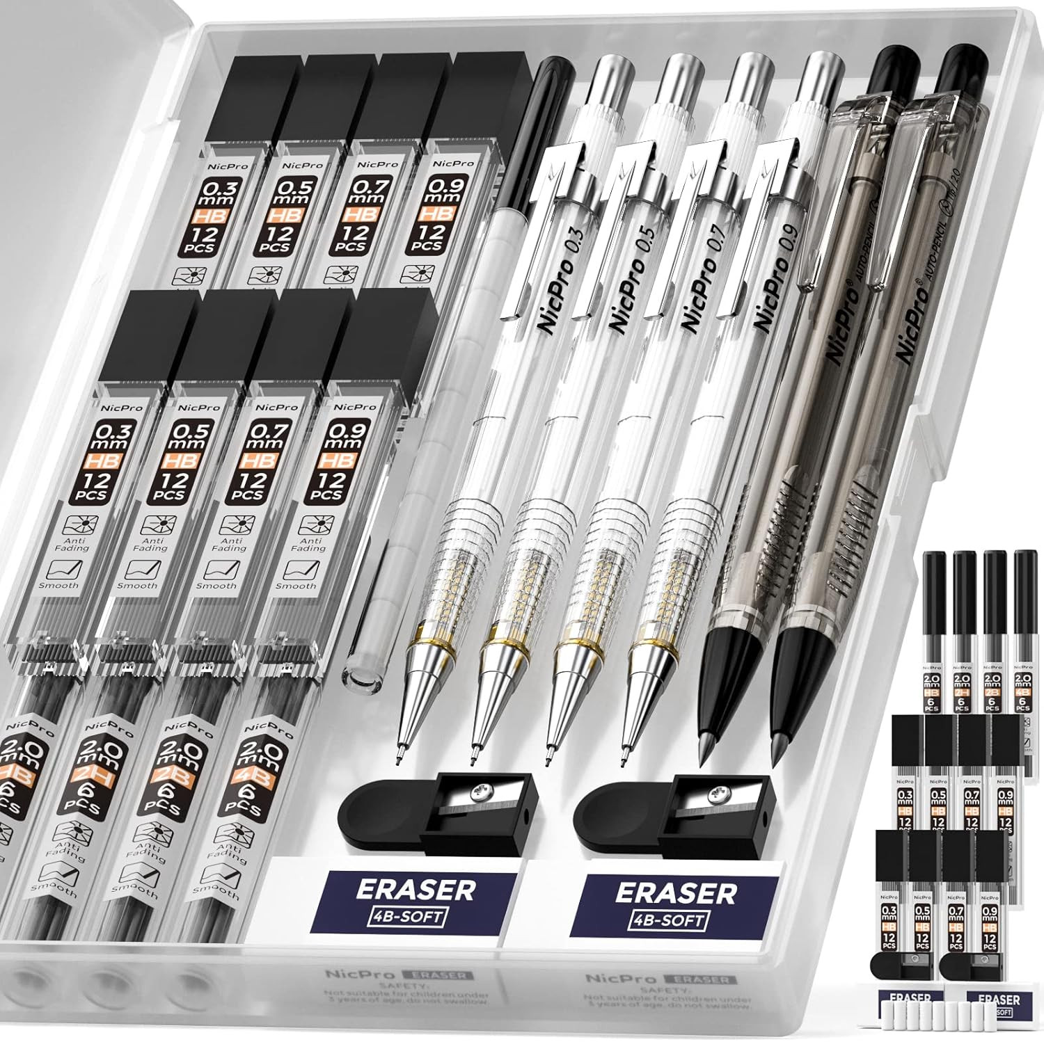 6 PCS Art Mechanical Pencils Set with Case, Drafting Pencil 0.3 & 0.5 & 0.7 & 0.