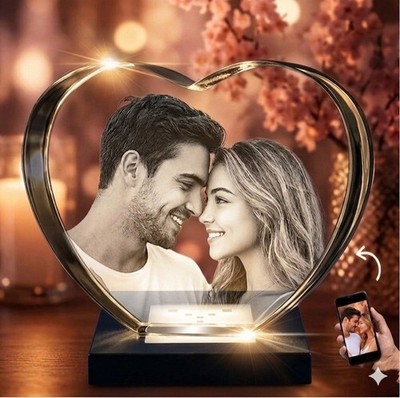 Personalized Large Heart 3D Crystal Photo w/ LED Base Memorial Gift Mom Dad Pet
