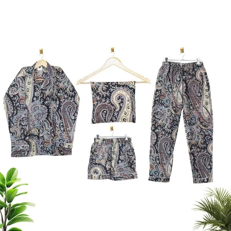 Conjunto de pijama estampado cachemir con corto para mujer conjunto de pijama de algodón ropa vestido EE. UU. Foto 3 de 4