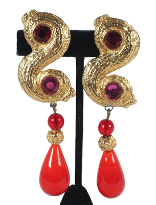 YVES SAINT LAURENT Vintage Gold Metal, Crystal & Glass S-Swirl Clip-On Earrings - Image 1 of 4