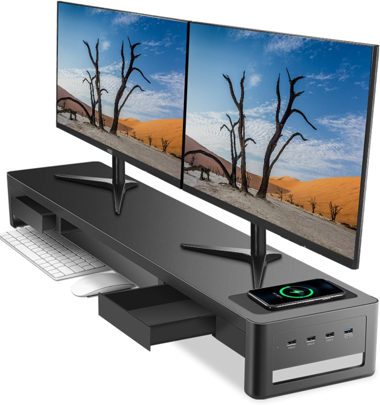 Dual Monitor Stand Riser with 2 Drawers, 4 USB Ports, and Wireless Charging Pad in Metal Design-image
