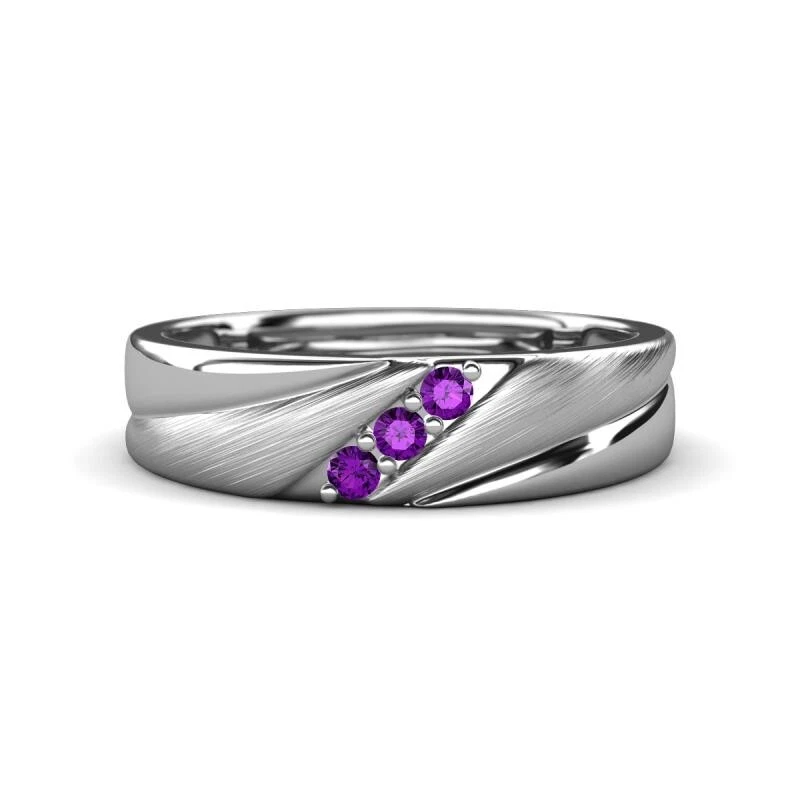 Round Amethyst Men Three Stone Wedding Band (6.00 mm) in 14K Gold JP: 322394 - Image 1 of 1