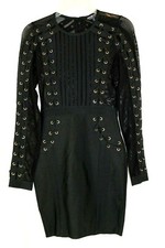 Fashion Nova Womens S Black LS Mesh and Lace Up Bodycon Back Zipper Club Dress