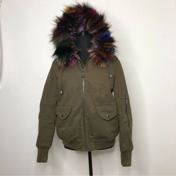 Belle Fare Genuine Rabbit and Fox Fur Lined Bomber Jacket Size XS