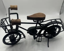 Metal Doll Bicycle with Basket Working Chain Wooden Seat Handles, Black Bike 11”