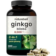 300 Caps Ginkgo Biloba 6000mg w/Red Panax Ginseng for Memory Focus Brain Health