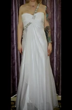 Aspeed Greek Goddess Satin Wedding Gown Sz 8/10 Crystals Ruching Chiffon Overlay