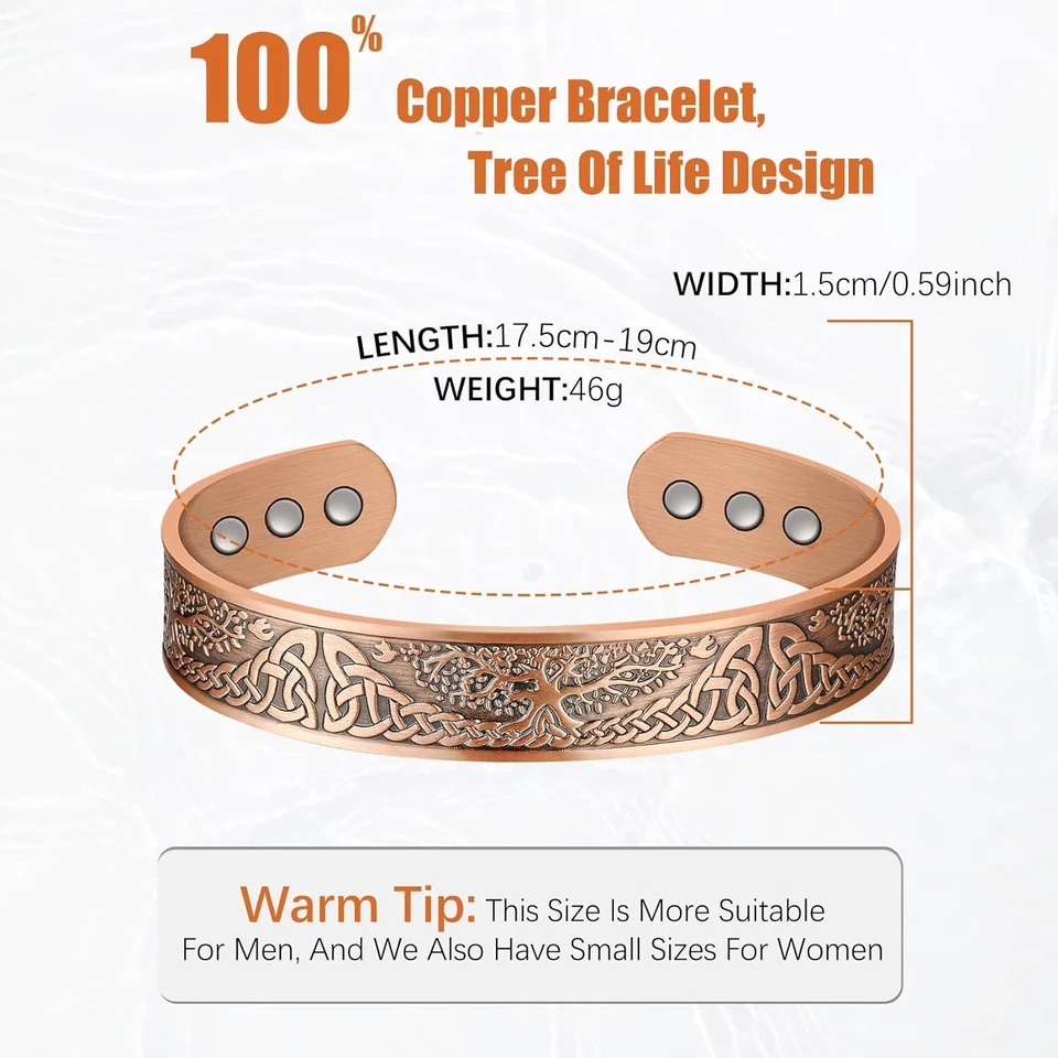 100% Premium Solid Pure Copper Magnetic Bracelets Tree of Life Cuff Bangle Mens - Image 4 of 4