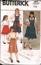 6647 Butterick Vintage SEWING Pattern Girls A Line Flared Skirt Detachable Bib 