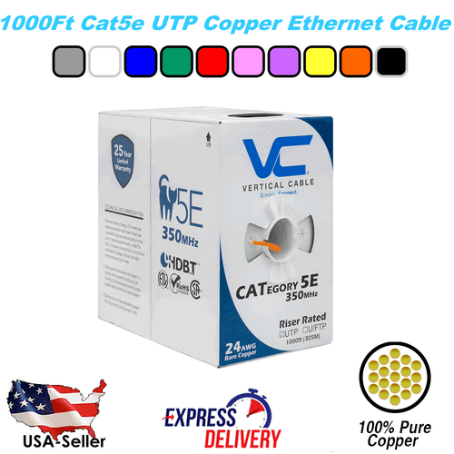 1000Ft Cat5E Vertical Cable Solid CMR Bare Copper Bulk Ethernet Cable - 9 Colors - Picture 5 of 13