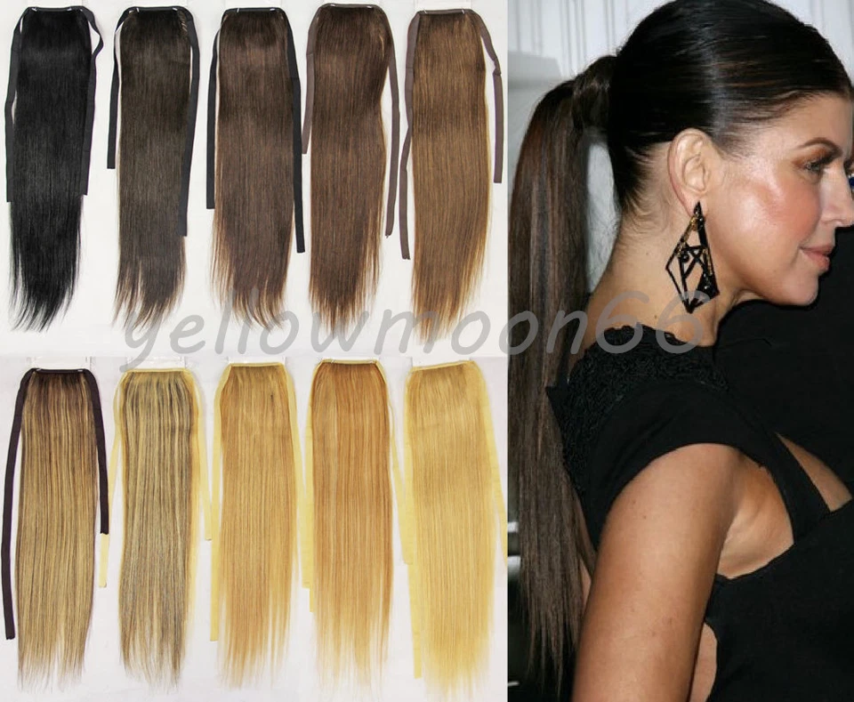 Ponytail Clip In 100% Real Human Hair Extension Drawstring Tie Up Hairpieces 80g - Image 2 of 4