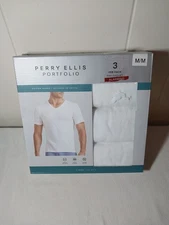 Perry Ellis Portfolio 3 Pack White V-Neck T-Shirts Cotton Blend M Men’s NIB