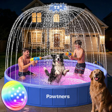 Pawtners Foldable Dog Pool with Sprinkler & RGB LED Light, 72" Collapsible Hard