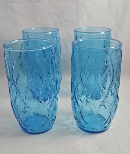 Four VTG Anchor Hocking Madrid Tumblers 12oz Glass Quilted Diamond  Aqua Blue 5”