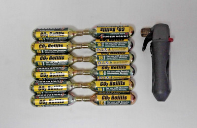 12 GENUINE INNOVATIONS 16 gram CO2 Cartridges + 16g Ultra Flate Plus in Inflator