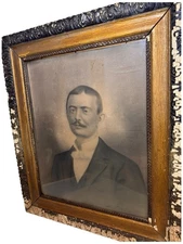 Antique 1800's Oak Wood Ornate Carved Picture Frame with Man' Portrait 27 X 23”