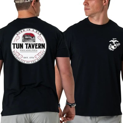 U.S. Marines Tun Tavern T-shirt, Born In A Bar Round Badge Back 2 Sides