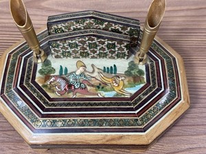 Vintage Persian Khatam Inlaid Wood Marquetry Mosaic Double Pen Holder Desk Set