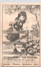 Michel Plant & Seed Co - St. Louis - Victorian Trade Card - Girl on Fence