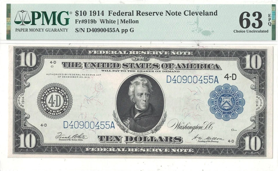1914 $10 Federal Reserve Note Fr-919b PMG Choice CU-63 EPQ - Image 2 of 3