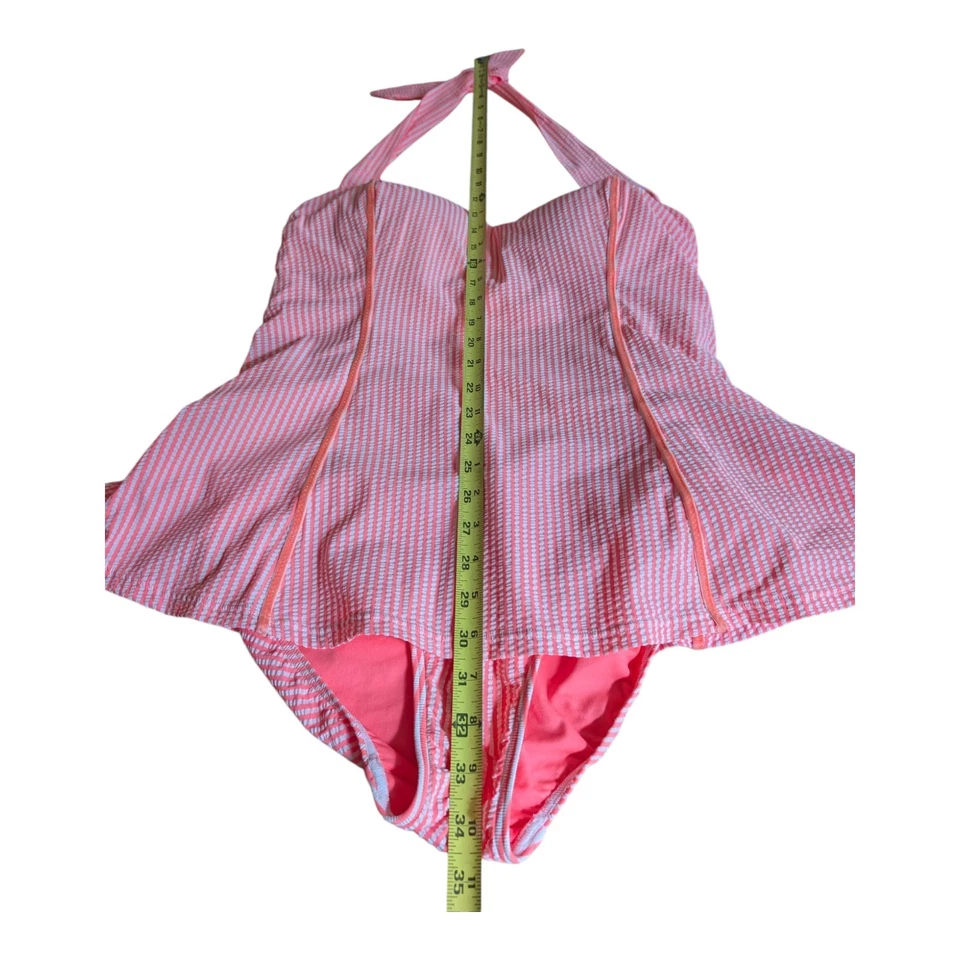 Anthropologie Seafolly Naranja y Blanco Seersucker Halter 1 Pieza Talla 12 Pin Up Foto 4 de 4