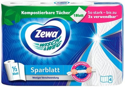4 Zewa Küchenrollen WISCH&WEG Sparblatt 2-lagig 74 Blatt je Rolle Saugstark