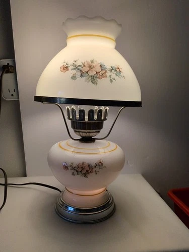 Vintage Hurricane Milk Glass Table Lamp Floral Working Condition