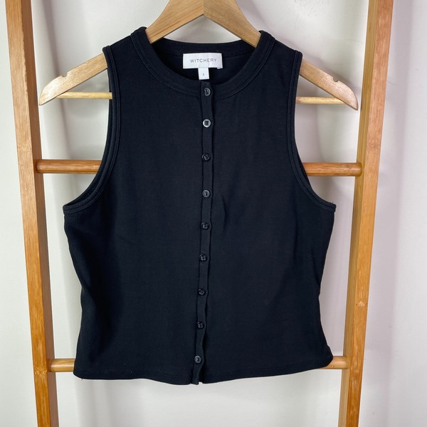 Witchery Jumper Vest Womens Large Black Rib Knit Button Front Sleeveless Casual